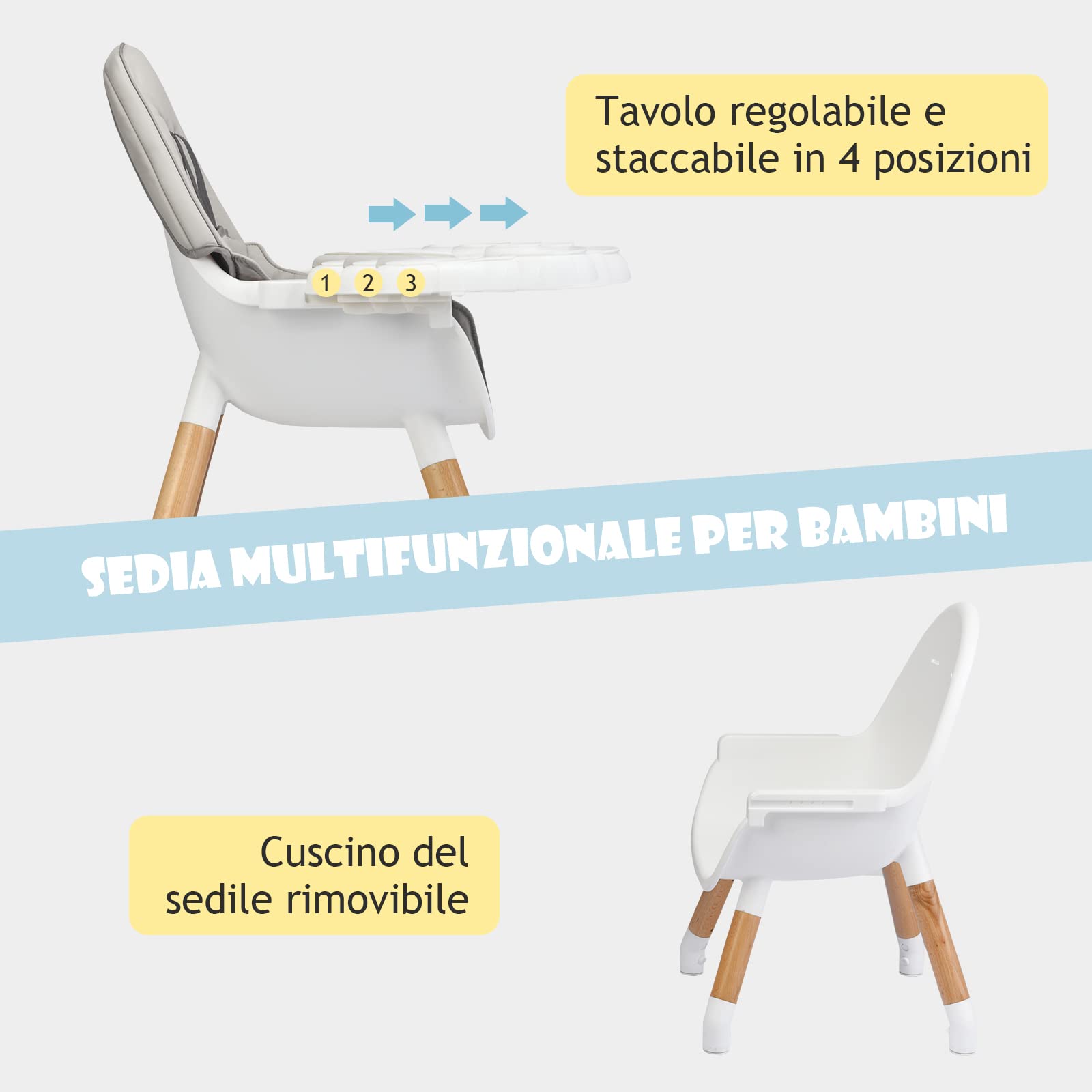 RELAX4LIFE 6 en 1 Trona para Bebés con Bandejas Dobles Extraíbles, Arnés de Seguridad de 5 Puntos, Patas de Madera Haya, Cojín Extraíble, Trona para Bebés 6-36 Meses (Gris)
