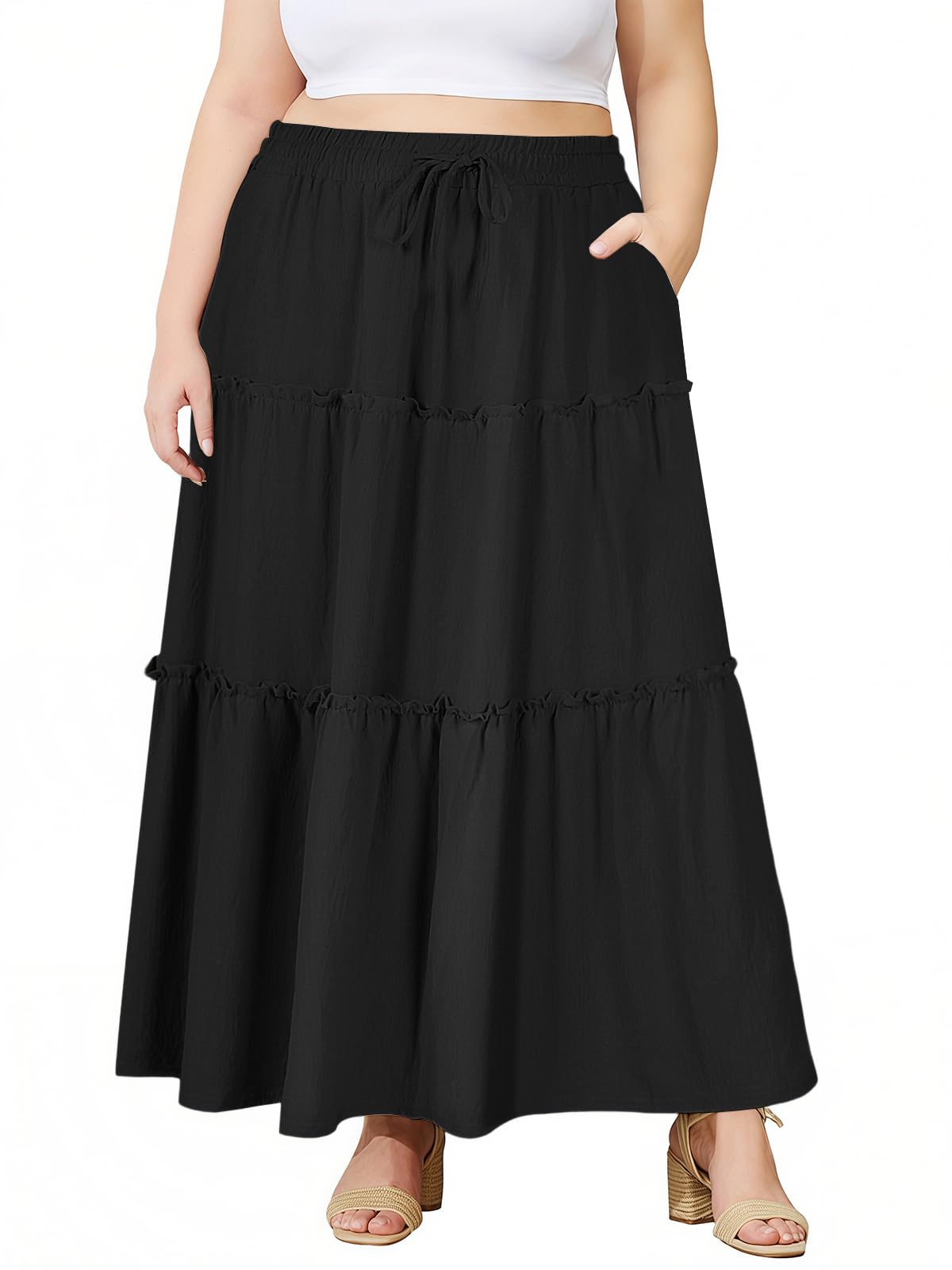 Moon Wood Jupe Longue Femme Ete Elastique Taille Haute Jupe Plissée avec Poches A-Ligne Maxi Skirt de Plage Grande Taille