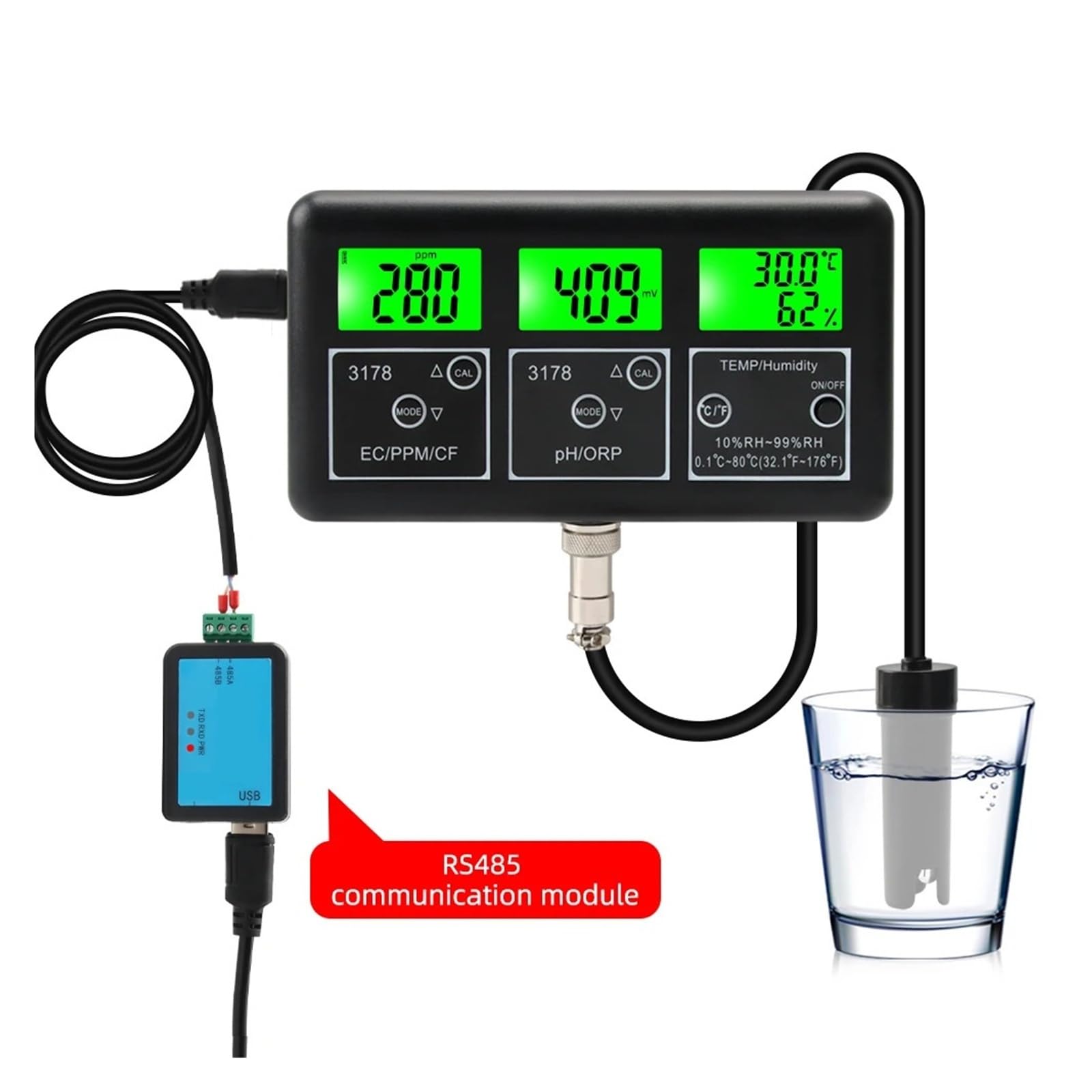 Misuratore di qualità dell'acqua multifunzione con comunicazione RS485, monitor PH ORP TDS EC CF Temp umidità,Multifunzionale