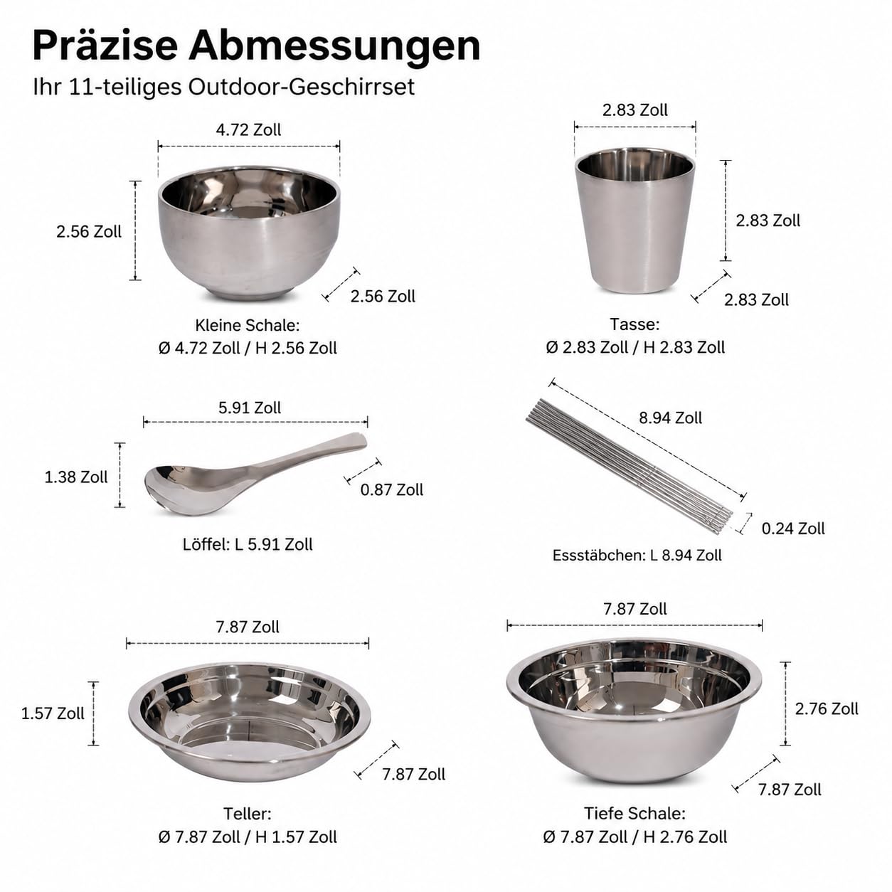 11-teiliges Camping Geschirr & Besteck Set Edelstahl – Outdoor Essgeschirr & Reisebesteck, stapelbar, 11-teiliges Set aus Edelstahl