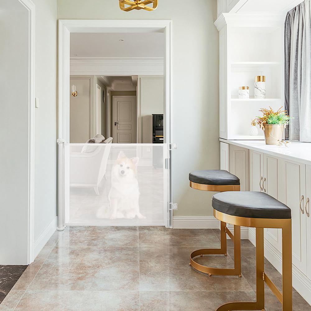 Homewell - Barrera de seguridad retráctil para perros (0 a 180 cm), barrera de seguridad para escaleras, barrera de seguridad para uso en interiores y exteriores (blanco, 150 x 86 cm)