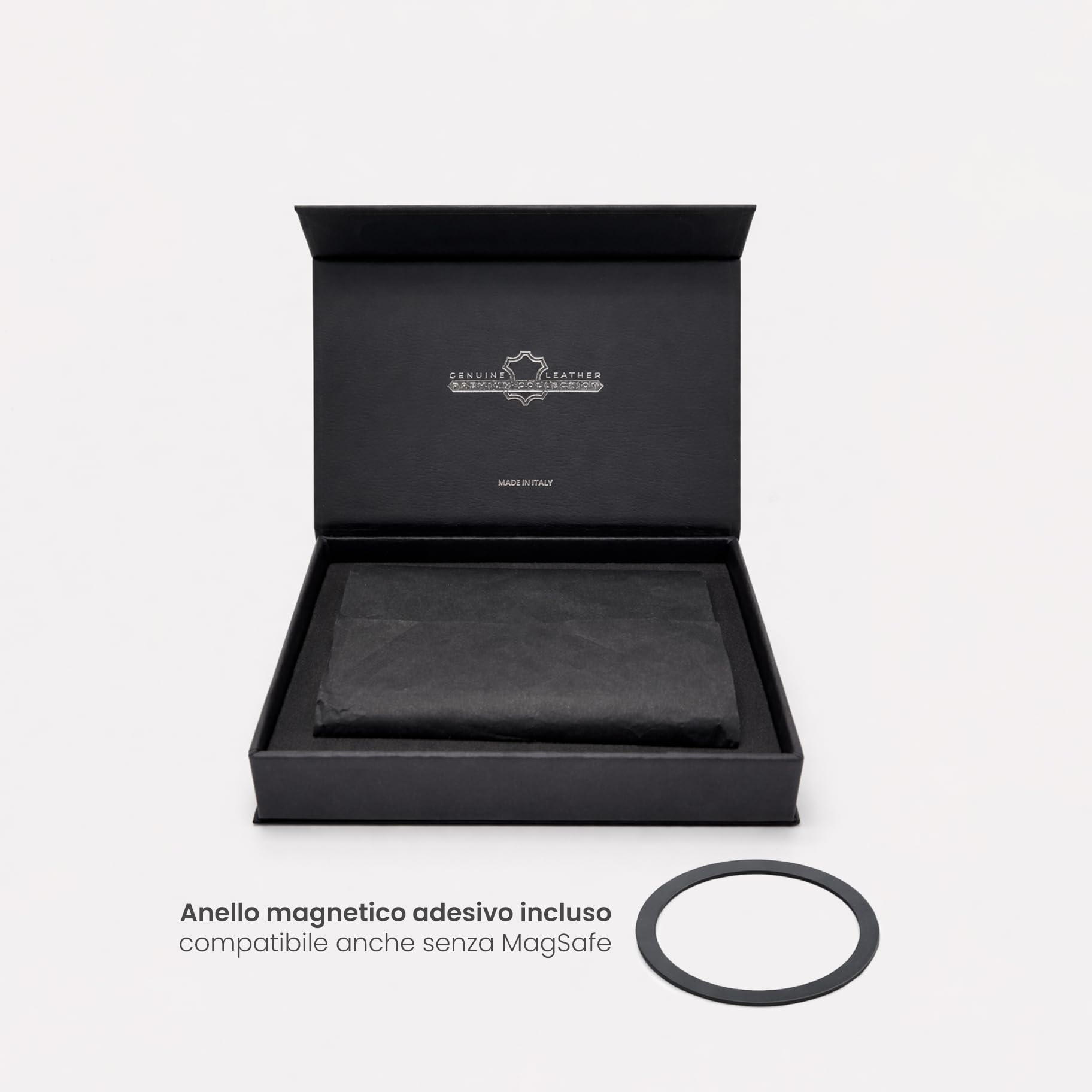 Etres Portafoglio Magnetico in Pelle Italiana - Modello Roma - Fino a 6 Carte + Tasca Banconote - Compatibilità MagSafe, Protezione RFID, Anello Magnetico Incluso (CLASSICO, NERO)