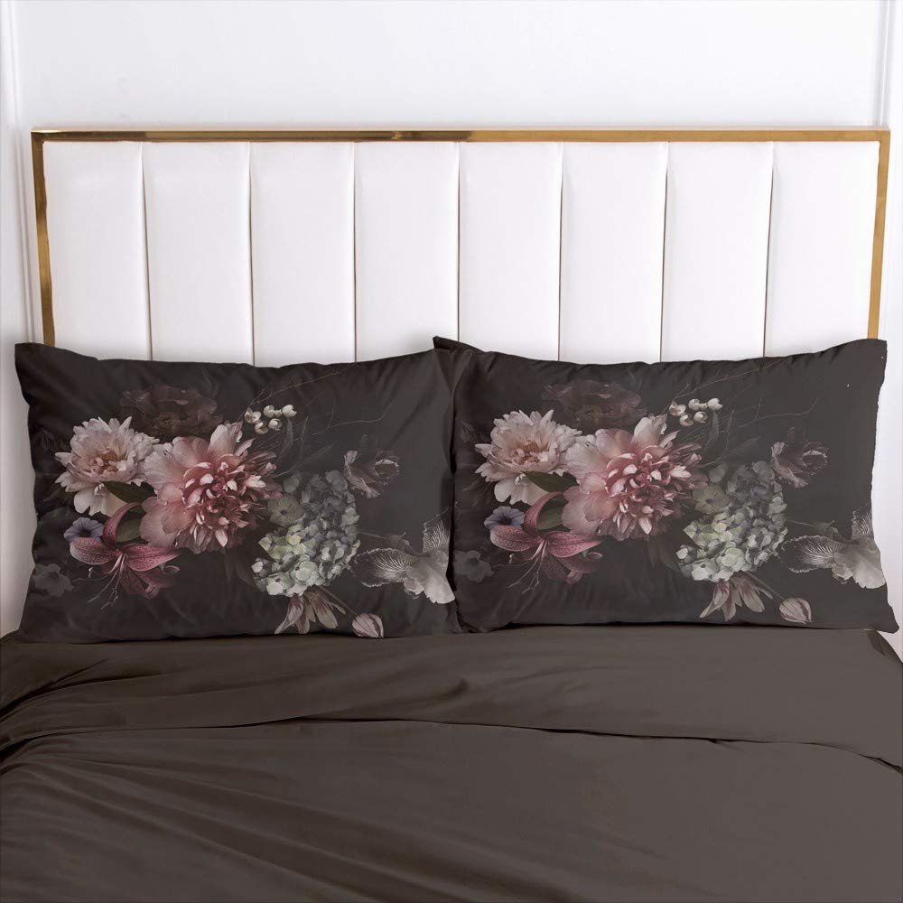 Luowei Bettwäsche Blumen 135x200cm 4 Teilig Schwarz Vintage Floral Blüten Bettbezug Set Weiche Microfaser Bettdeckenbezug und 2 Kissenbezüge 80 x 80cm für Doppelbett