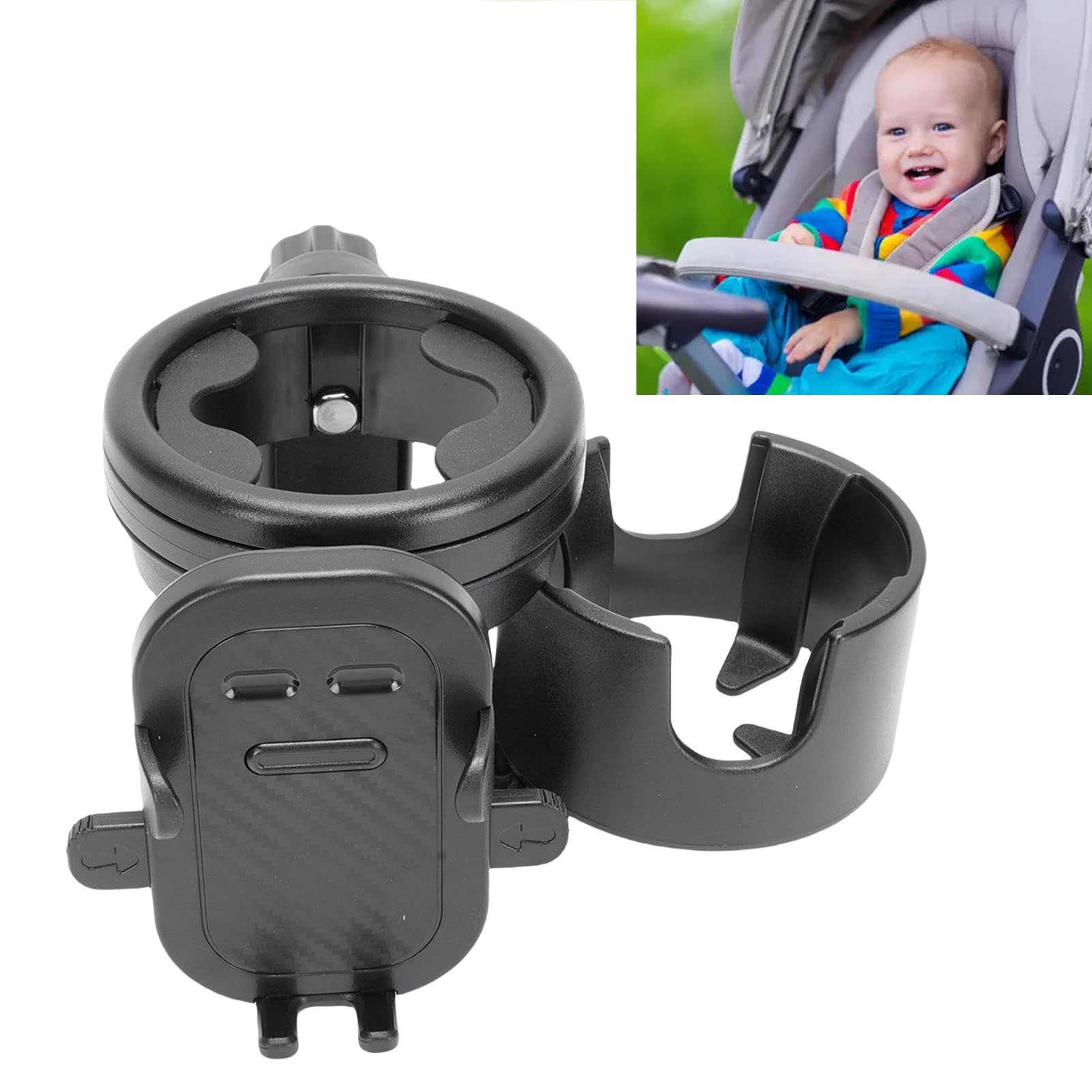 Porte gobelet Universel pour Poussette avec Support téléphone Rotatif à 360 degrés, Support Multifonction pour Bouteille, gobelet et téléphone, Compatible avec la Plupart (Noire)