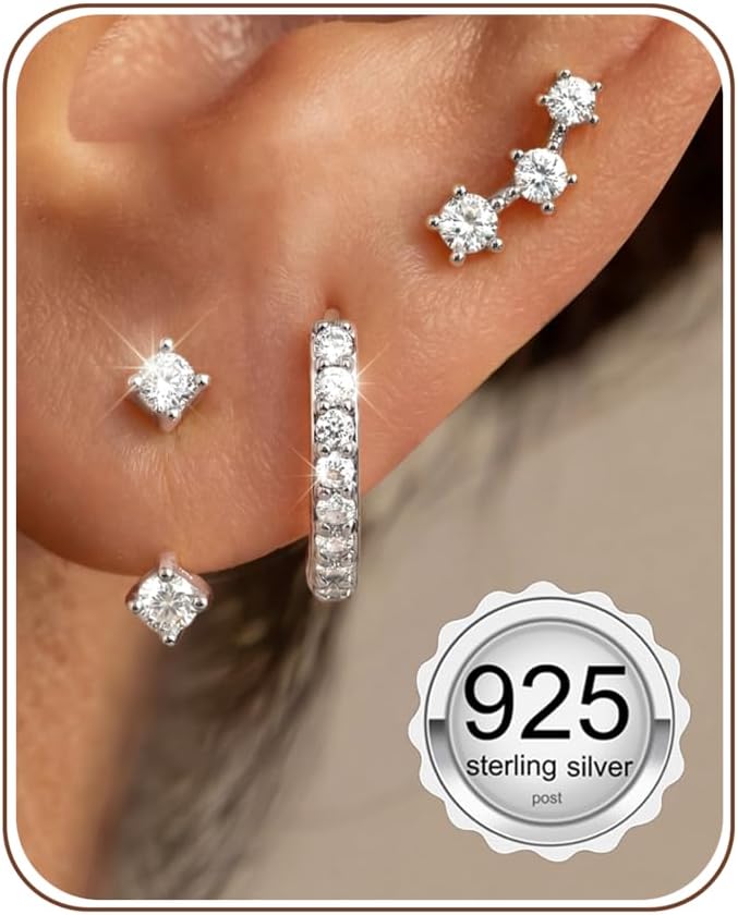FIASASO 3 Pairs 925 Sterling Silver Hypoallergenic Earrings for Women Trendy - 14K Gold Plated Stud Hoop Cartilage Earrings Set Small Earring Stacks for Sensitive Ears Non Tarnish Dainty Silver Earring