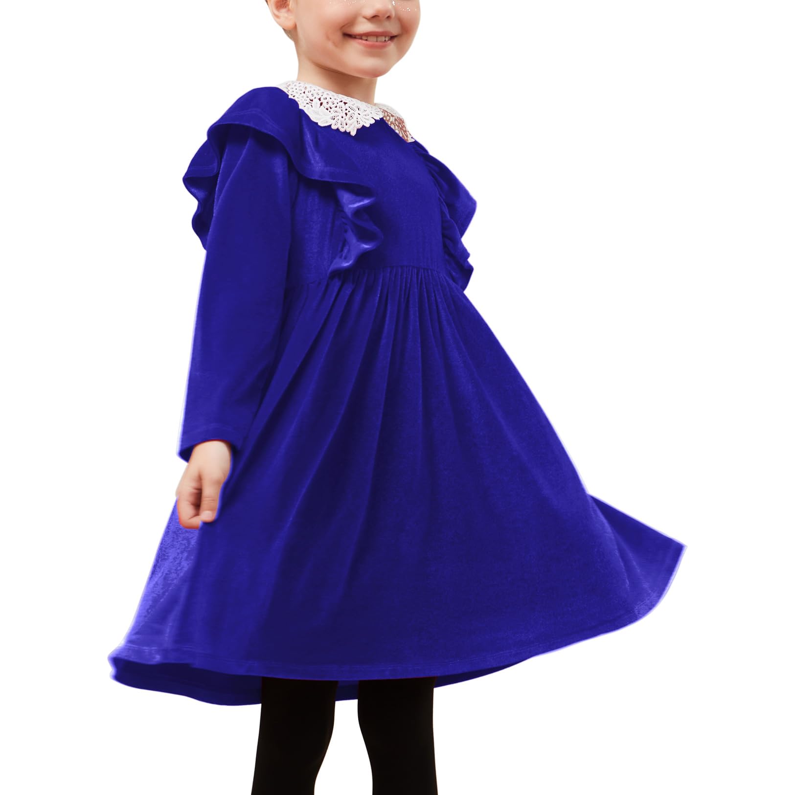 QPANCY Girls Velvet Dress Ruffle Trim Long Sleeve Midi Guipure Lace Collar Party Dresses