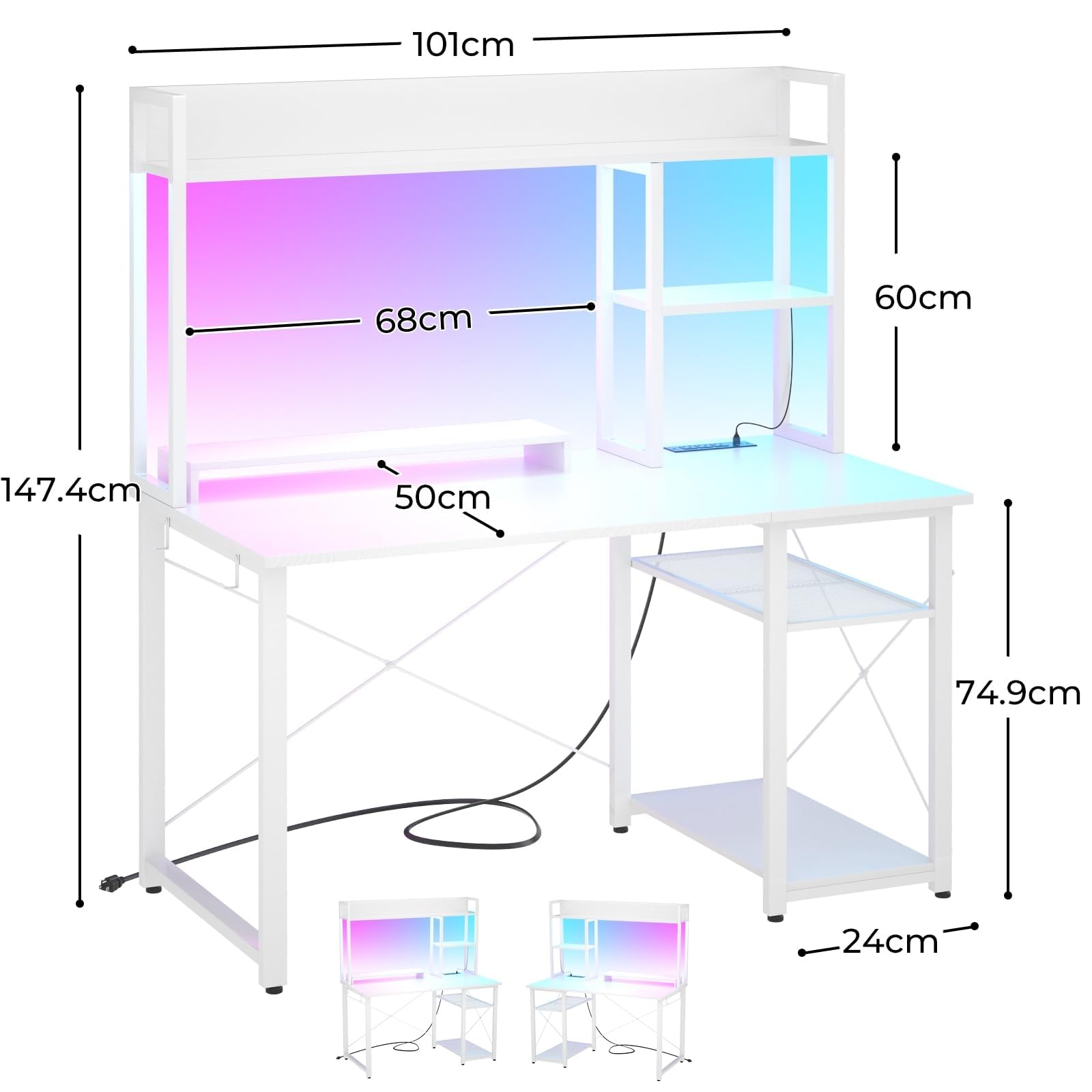 iSunirm Escritorio para Juegos Compartimento, Luces LED y Tomas de Corriente, 100 x 50 cm, estantes y Soporte para Monitor, Blanco