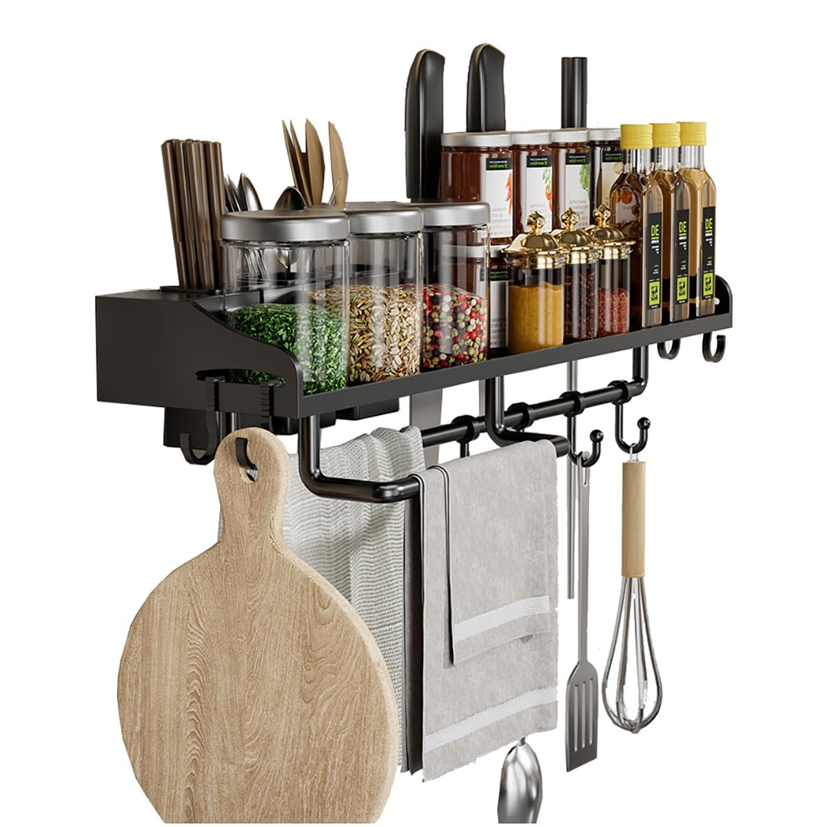 MYUYEE Hanging Spice Organizer Rack Wall Mount, Over Stove Spice Organizer Shelf, Tableware Shelf, Hanging Storage Wall Shelf For Kitchen Utensil,Black,60Cm(Black-40Cm)
