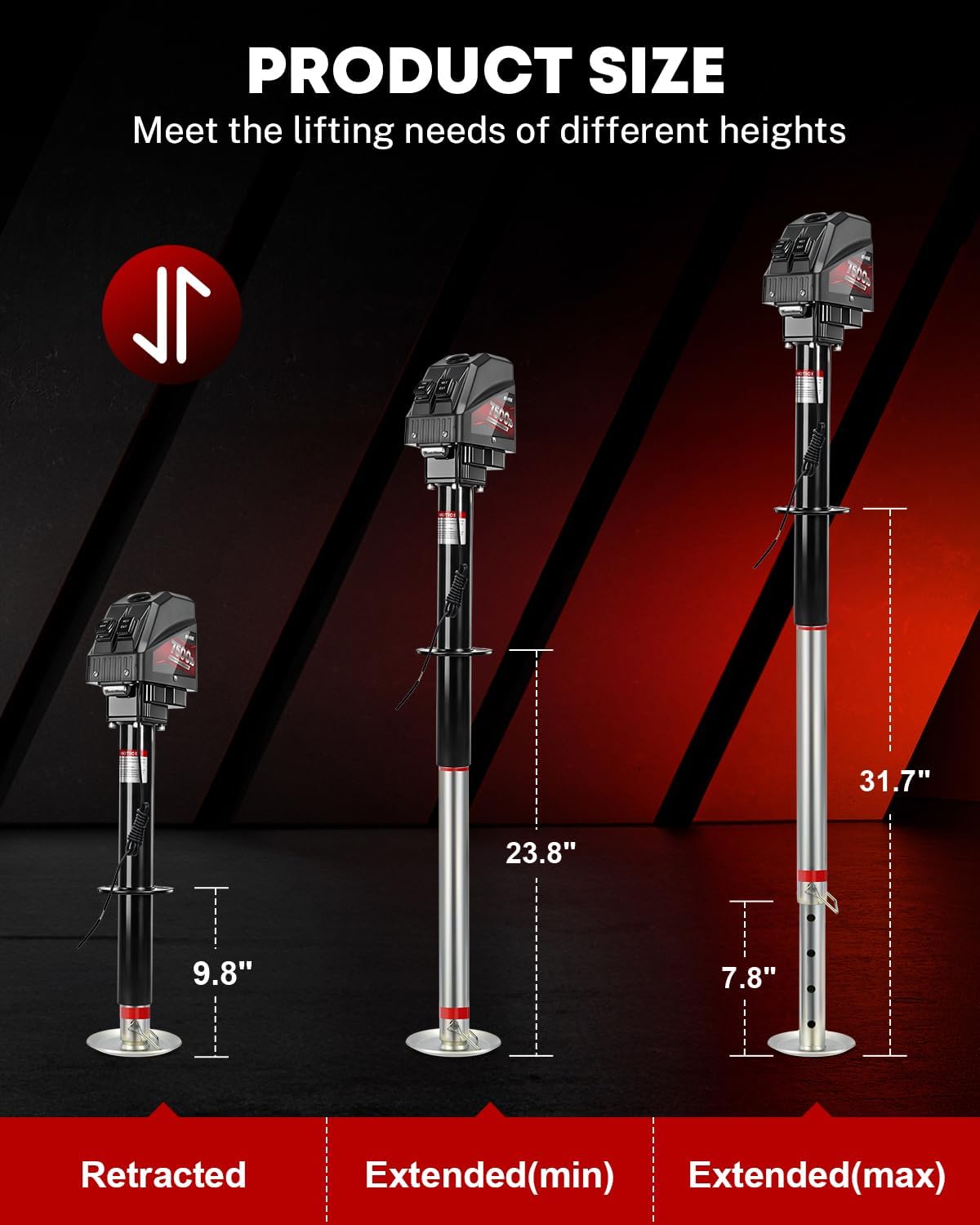 Diagram showing how to connect the positive and negative wires of the electric trailer jack to a 12V battery.