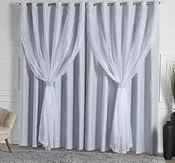 Cortina Solaris Blackout/Bleucate de Tecido com Voil 4,00m x 2,50m Alt. c/Ilhós Cromado e Abraçadeiras - Gelo