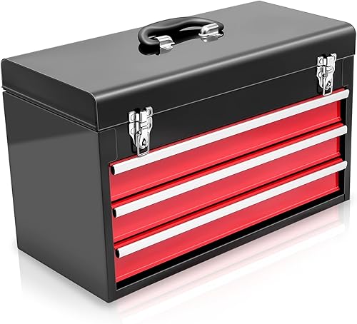 Auto Dynasty Caja de herramientas portátil de metal de acero de 20 pulgadas con 3 cajones y 1 caja de herramientas de almacenamiento superior,