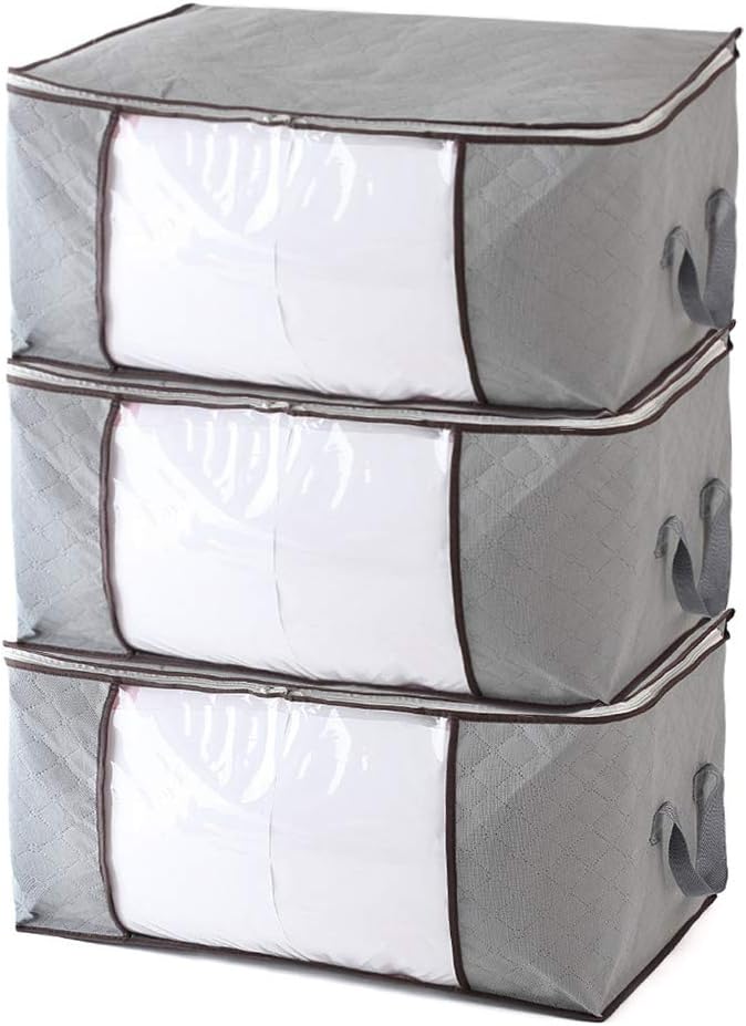 CHARMDI 3 Pack Storage Bags, Large Clothes Storage Bags with Zips, Foldable Storage Organiser with Sturdy Zipper, Clear Window & Reinforced Handle, Great for Clothes, Bedding, Duvet, Blankets (Grey)