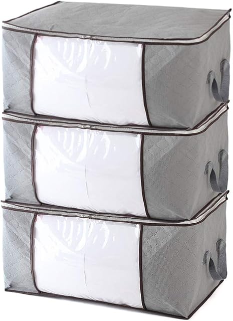 VLikeze Foldable Storage Bags, 84L Waterproof Anti-Mold Moisture Proof Large Capacity Thick Nonwoven Clothing Storage Bags for Comforters, Blankets, Bedding, Duvets, Clothes, Sweaters-Grey (3 packs)