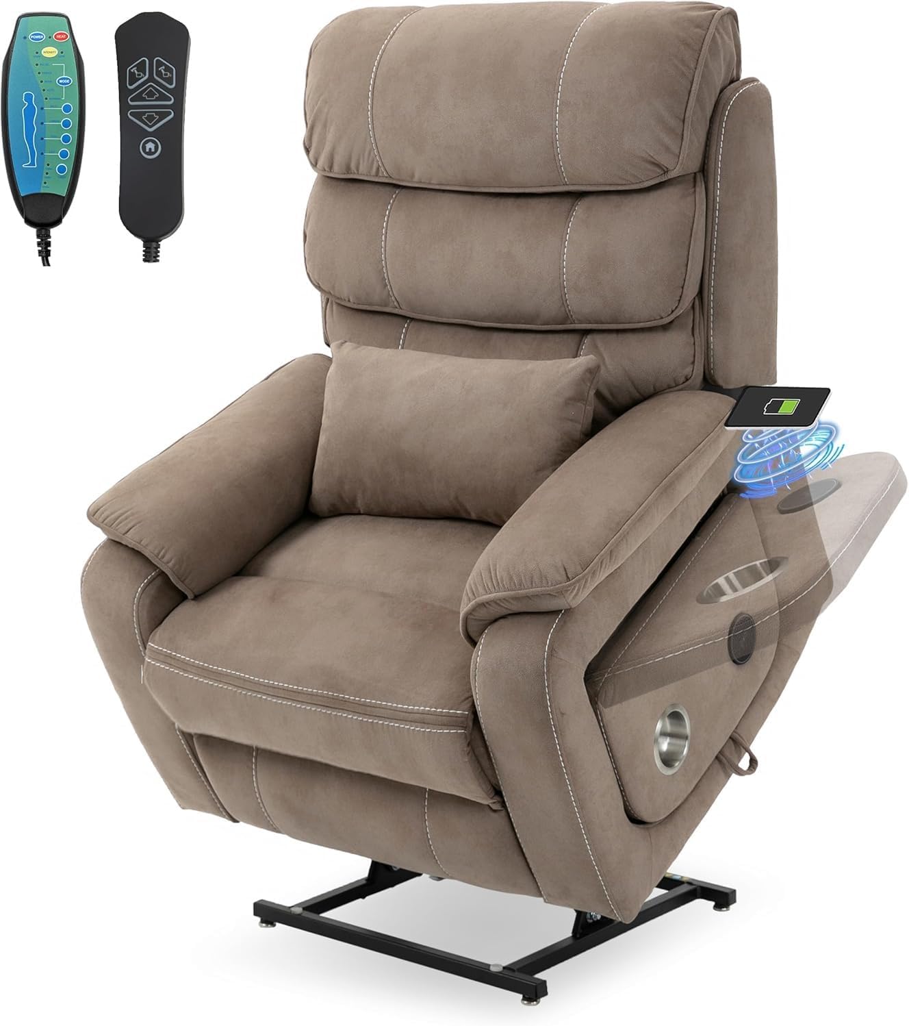 Dual Motor Infinite Lift Chair Lay Flat with Left Side Tray Table Wireless Charger Cup Holder Recliner Heat Massage Position Power Recliners
