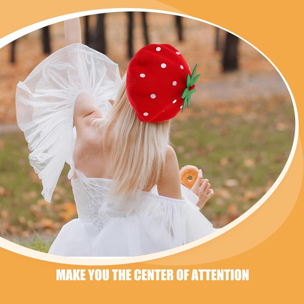 Strawberry Beret Hat for Women French Style Wool Blend Cute Cosplay Party Decorative Artist Painter Cap 9.84 Inch Diameter - Image 8