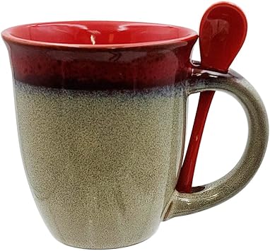Rockin Gear Mug with Spoon - Glazed Ceramic Coffee and Tea Cup with Handle Gorgeous Unique Design Coffee Mugs 16 oz. - Best Gift for Coffee Tea Lover/Addicts Red, 1