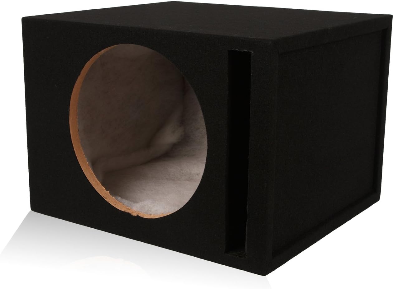 BELVA 1SV12B Single 12” Vented Subwoofer Enclosure – 3/4” MDF Car Sub Box with 1.8 cu ft, Polyfil Lining, Durable Carpet, Gold Terminals, Tuned to 36Hz