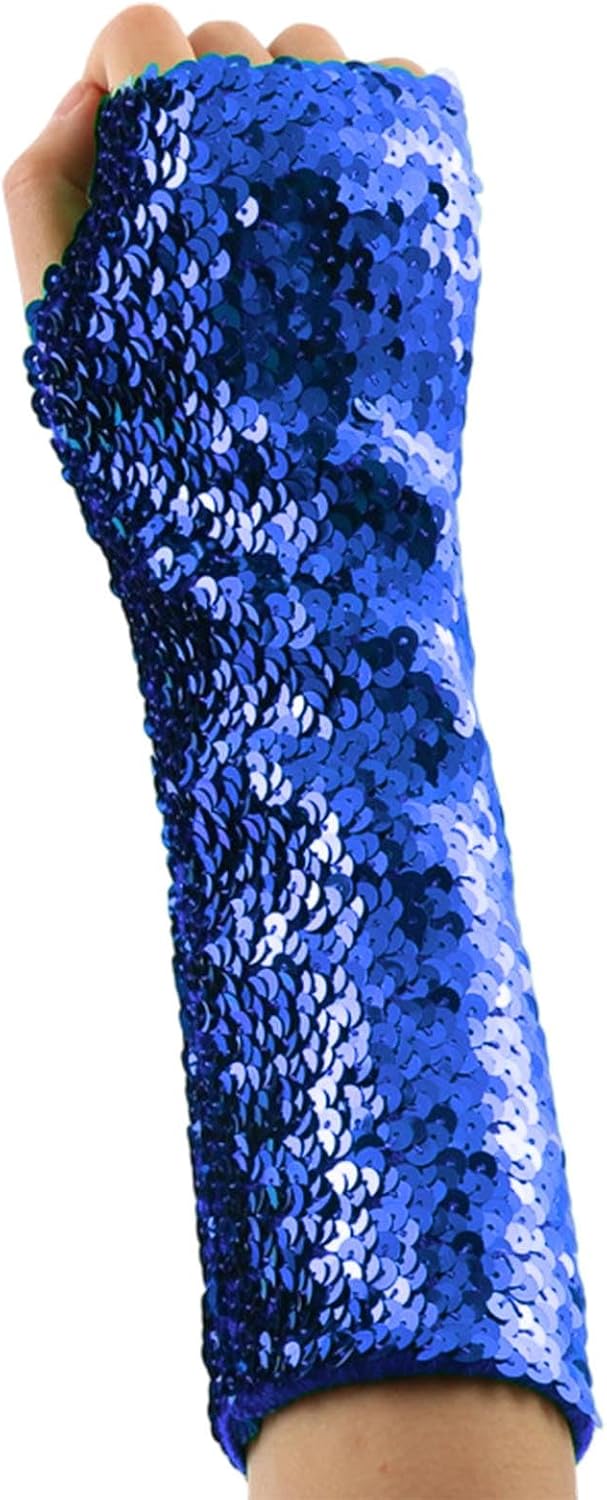 Fashion Sparkly Sequins Long Fingerless Novelty Elastic Glitter Concert Rave Party Costume Gloves for Women