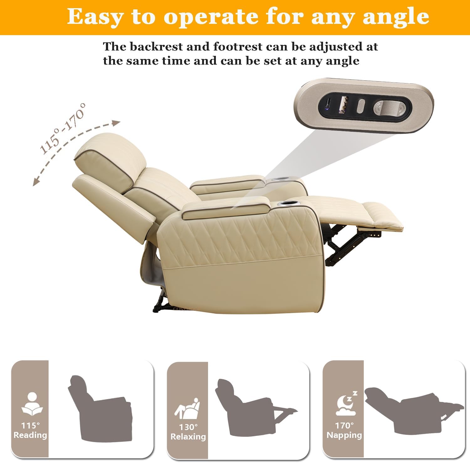 Oversized Power Recliner Chair for Adults, Electric Reclining Chair with USB Port, Power Single Recliner Chairs for Living Room/Bedroom/Office,Khaki