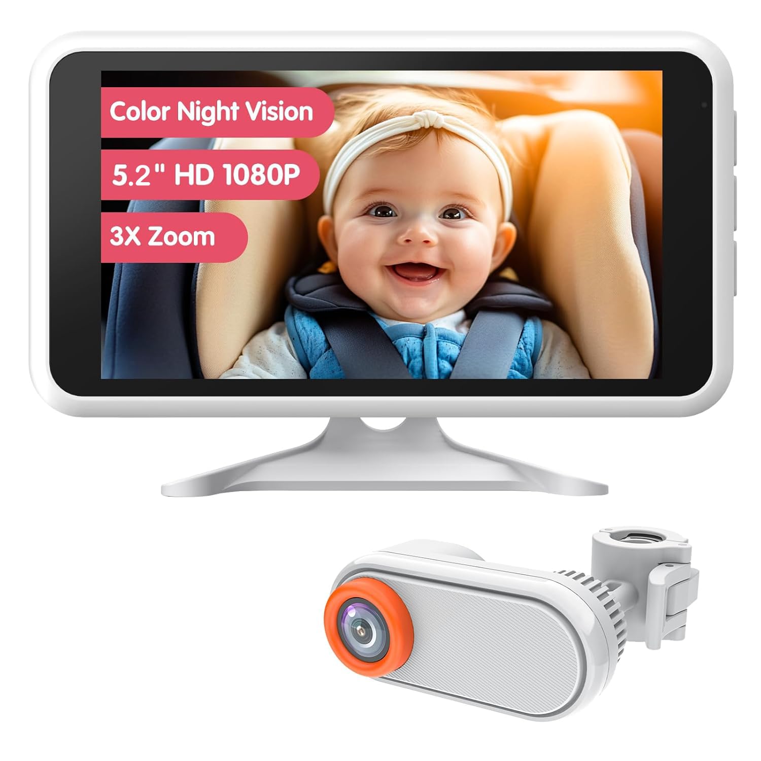 LUCKVIEW Baby Car Camera with IR Night Vision, Unique Headrest Mount Car Camera for Baby 3X Zoom for Backseat Monitor White (Wired) Essential Baby