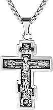 FaithHeart Collana Croce Ortodossa Russa Collana Croce Uomo in Rilievo Crocifisso Pendente Gesù Greek Cross Confezione Regalo Collana Uomo Acciaio di Alta Qualità