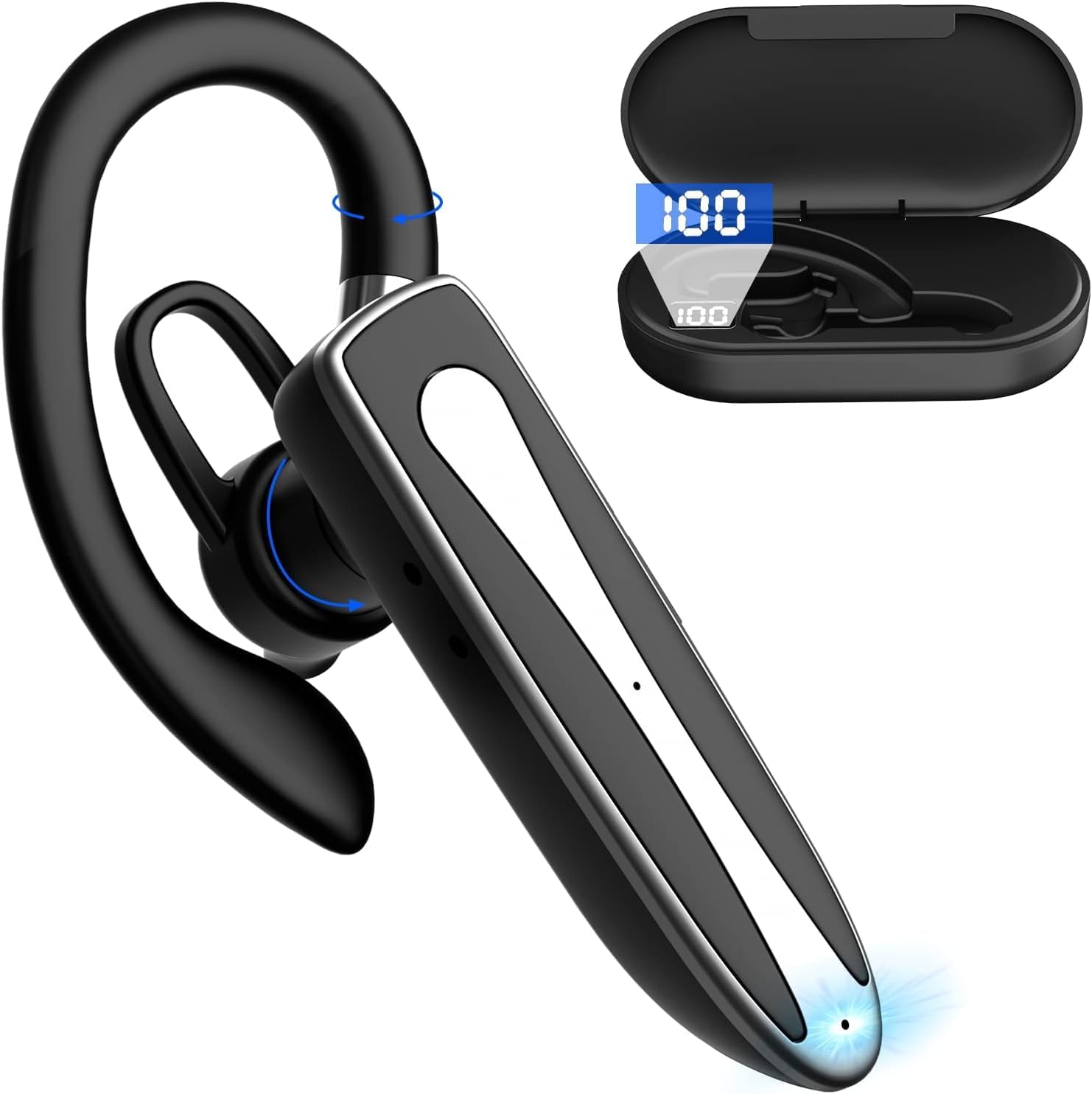 X spring Bluetooth Earpiece, Wireless Bluetooth Headset with Charging Case, Wireless Bluetooth Earpiece with Noise Canceling Mic, Hands-Free Single Ear Headset for Business, Office, Driving