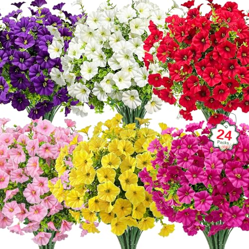 Ouddy Decor 24 Pcs Artificial Petunias Flowers for Outdoors Multicolor