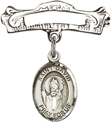 Sterling Silver Baby Badge with St. David of Wales Charm and Arched Polished Badge Pin 7/8 X 7/8 inches