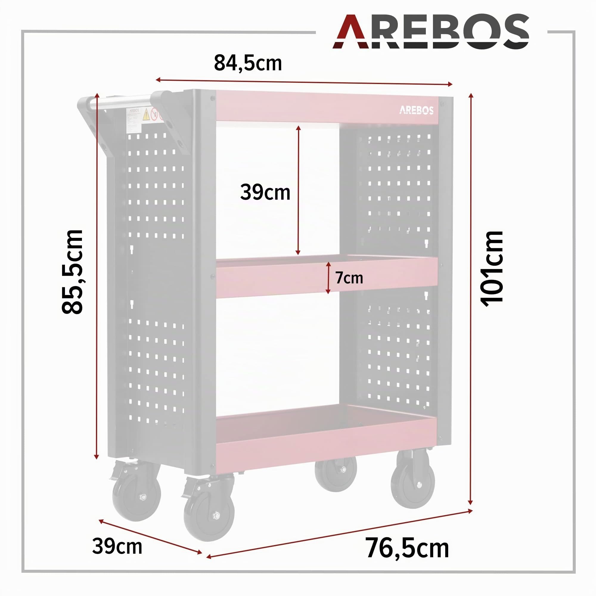 Arebos Chariot de Service Multifonctions | 3 Compartiments | Atelier, Outils, Transport et Stockage | Plateaux Multi-usages
