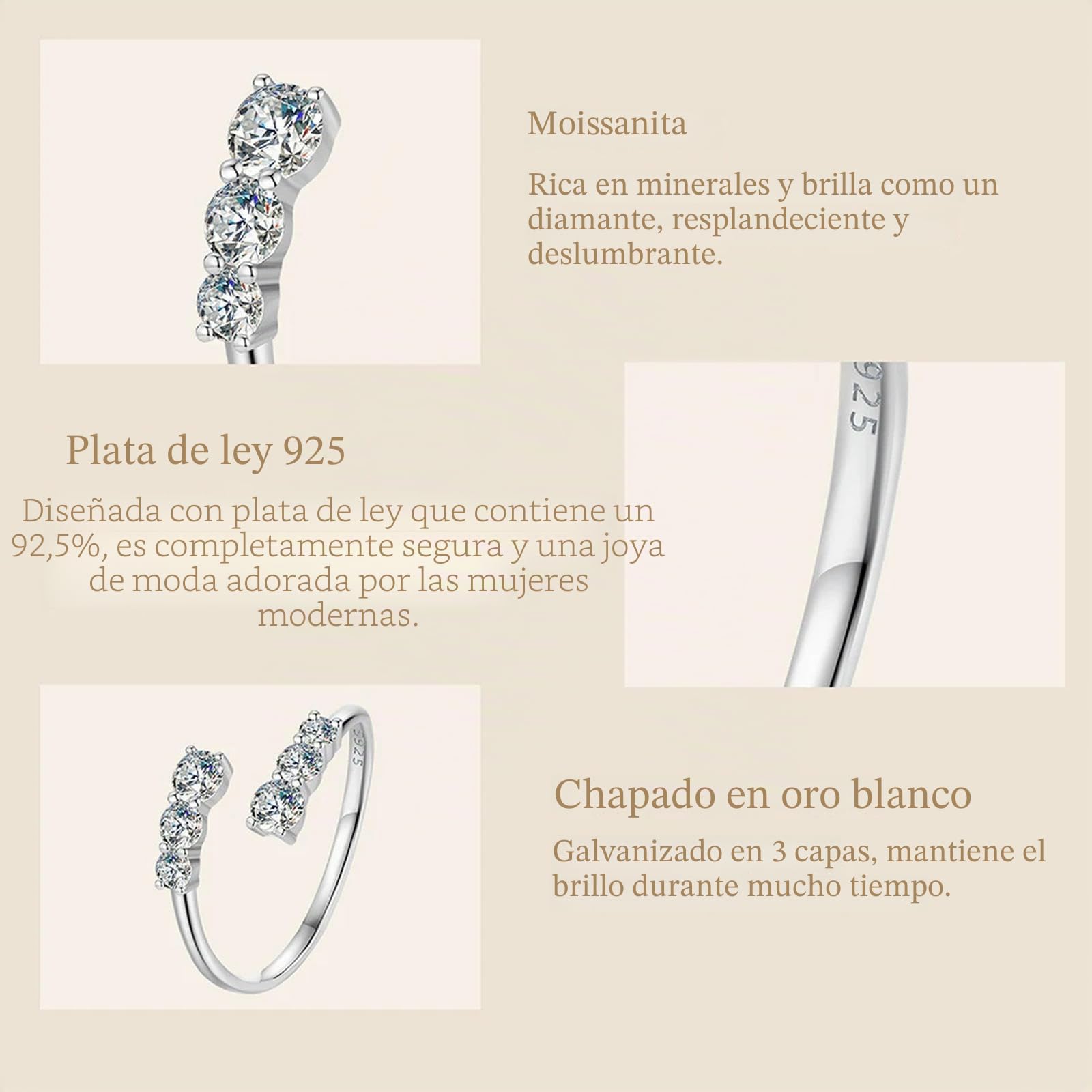Anillo Ajustable De Moissanita En Oro Blanco, Plata De Ley 925, Exquisito Anillo Abierto Para Mujer, Joyería De Compromiso, Regalo.