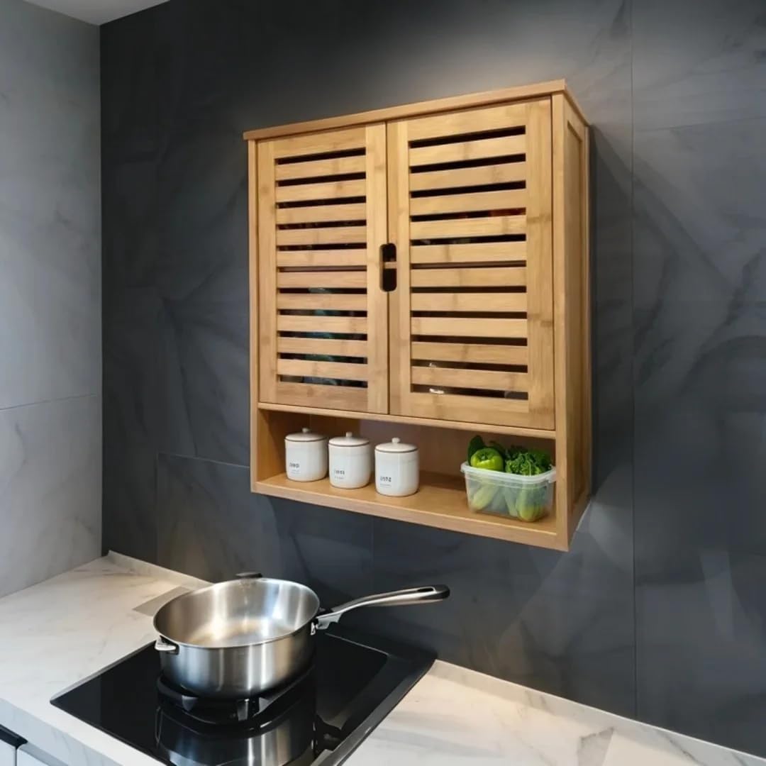 Amazon｜ウォールシェルフ 扉付き 吊り戸棚 キッチン 壁面収納 棚 竹材