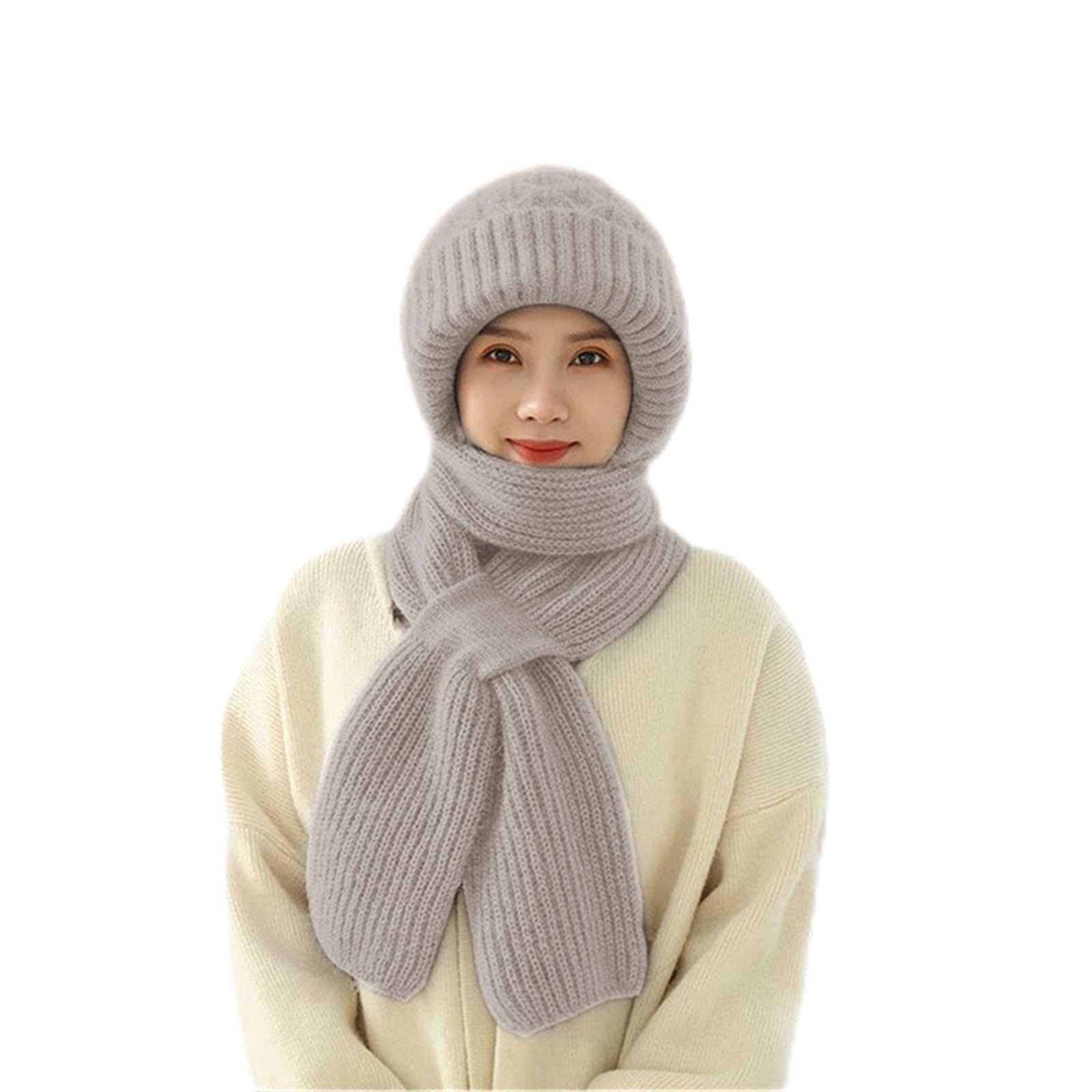 MoneRffi Integrated Ear Protection Windproof Cap Scarf,Winter Warm Knitted  Hooded Scarf, in Mask Scarf Ear Guard Hat for Women