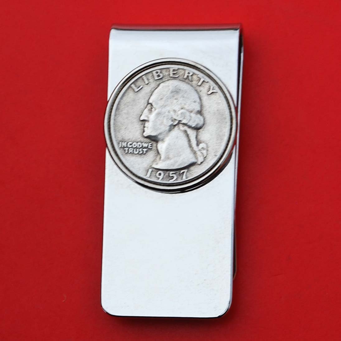 US 1957 Washington Quarter 90% Silver Coin Solid Brass Silver Tone Money Clip New - High Quality