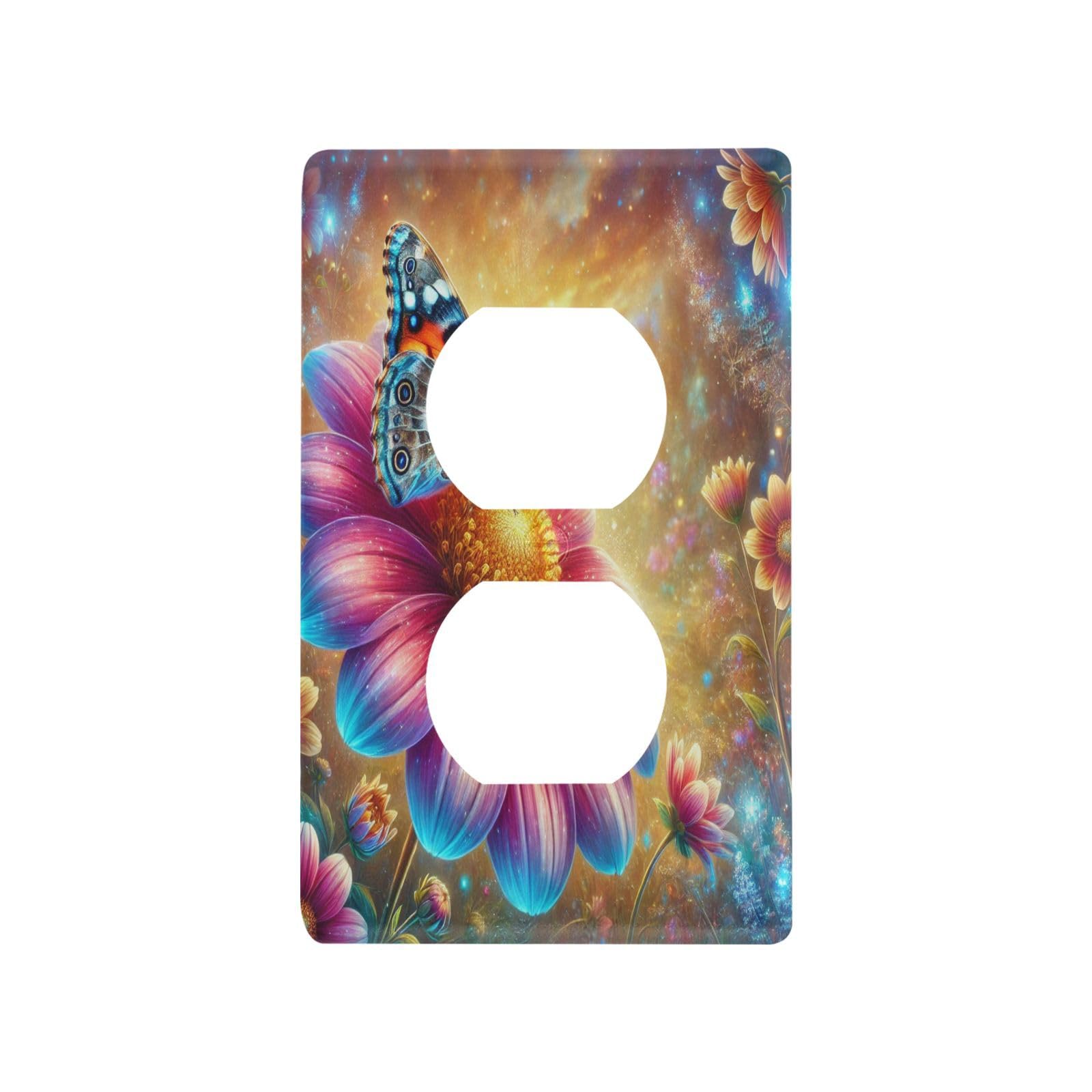 Dreamy Butterfly Flower Light Switch Cover Decorative Receptacle Outlet Wall Plate Guard Plastic Wall Outlet Cover for Home Decor Room Office Bathroom (Duplex Outlets Cover)