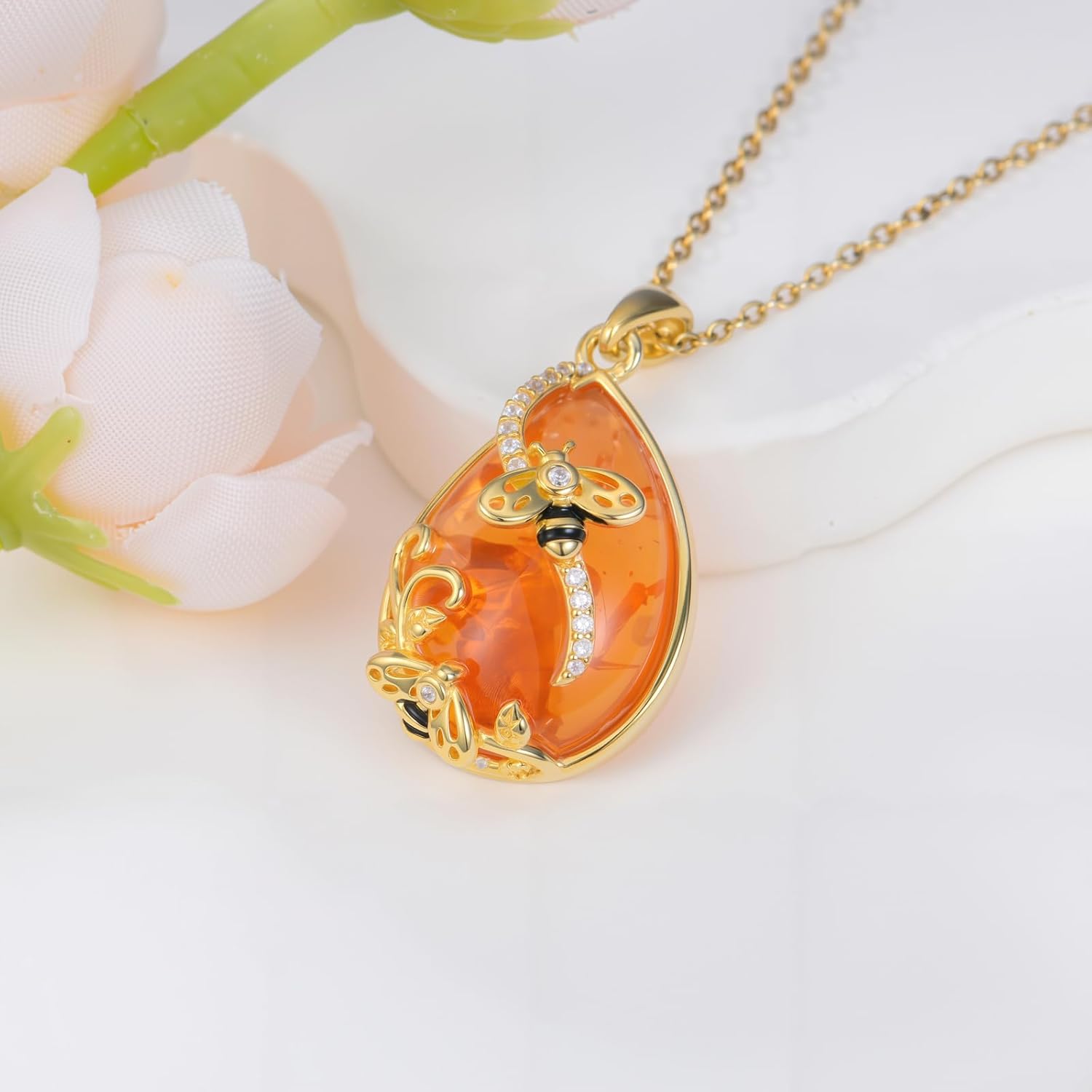 RMREWY Amber Bee Necklace 925 Sterling Silver Yellow Gold Memorial Dainty Cute Animal Bumble Bee Teardrop Christmas Mother's Day for Women Mom - Image 2