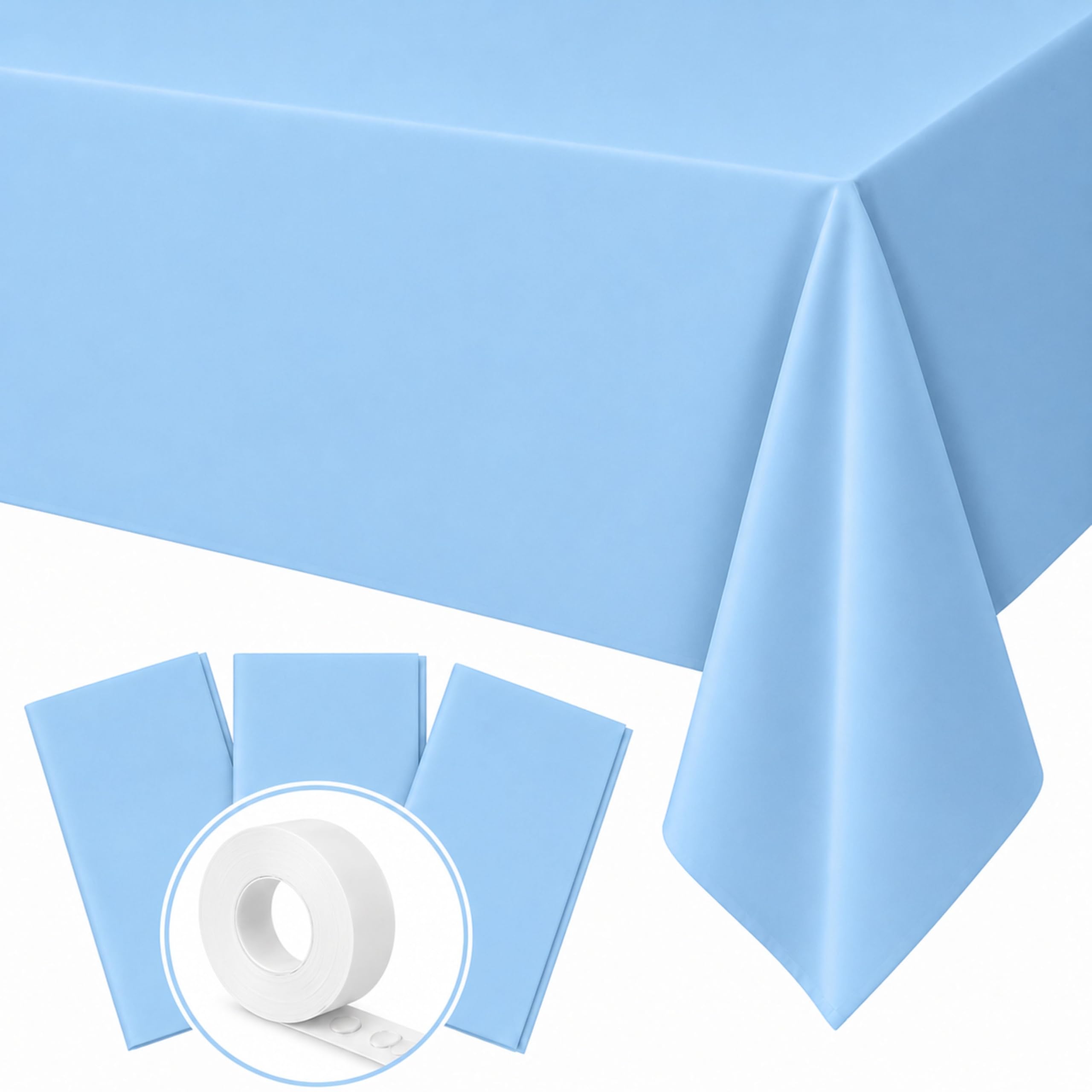 Blue Orchards Light Blue Plastic Table Cover (Pack of 3 with 20 Glue dots) - 54" x 108" - Waterproof &amp; Disposable Tablecloth Sky Blue Party Decoration for Baby Shower, Birhday Party Supplies, Wedding