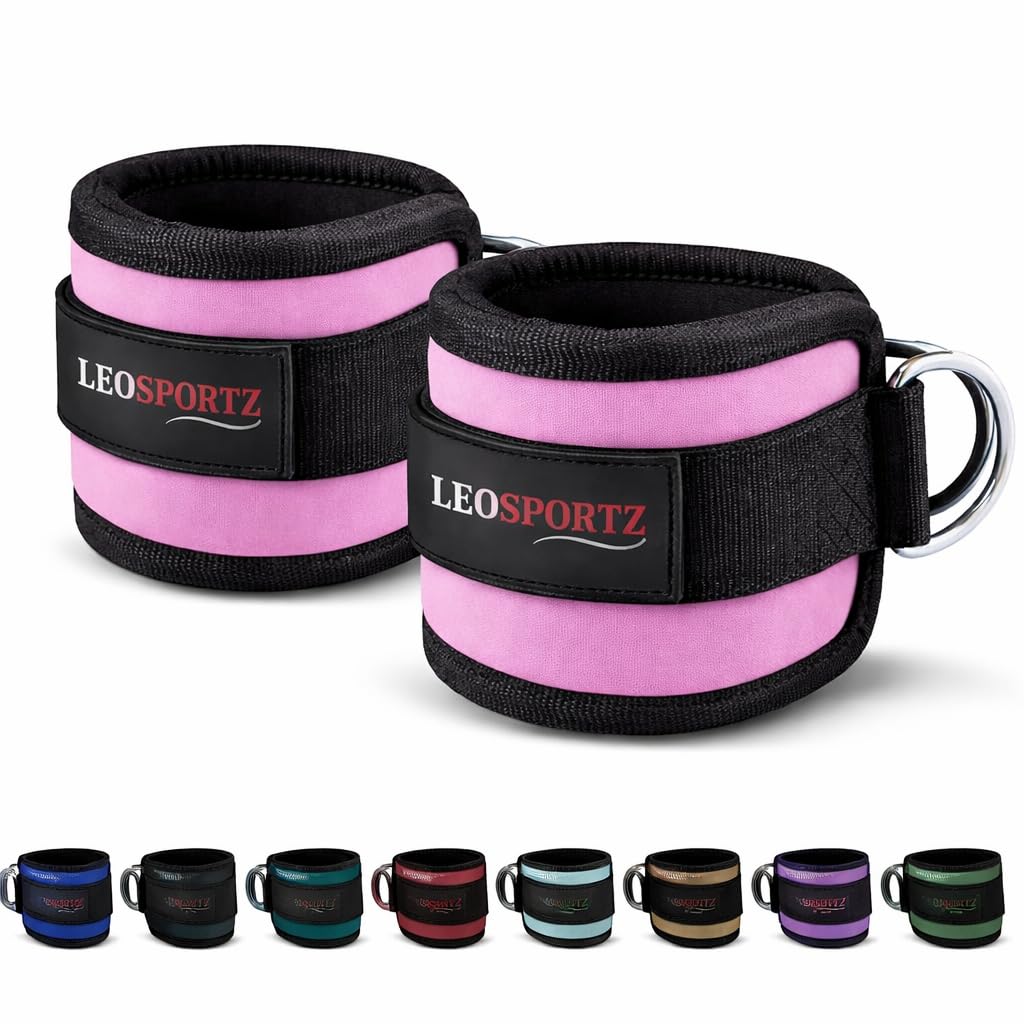 leosportz® ankle strap for gym cable machine (pair)- heavy d ring and padded ankle band for gym workout | cuff attachment for kickbacks leg extensions glutes exercises for men and women (pink)