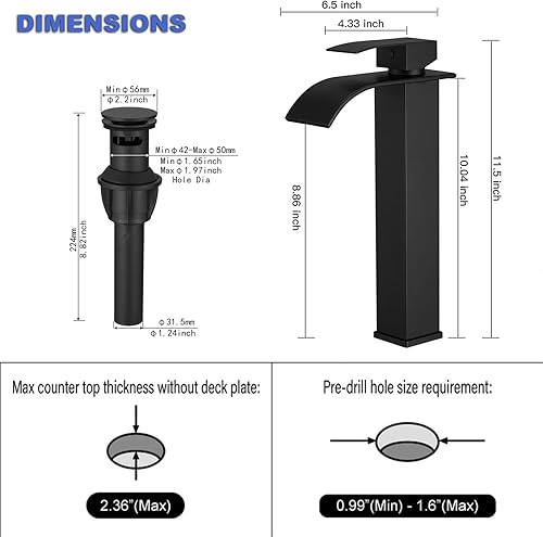 Miniatura 6 de Grifo de lavabo para lavabo, grifo de baño en cascada, acero inoxidable negro mate, mango único, un agujero, montaje en cubierta, grifo de fregadero