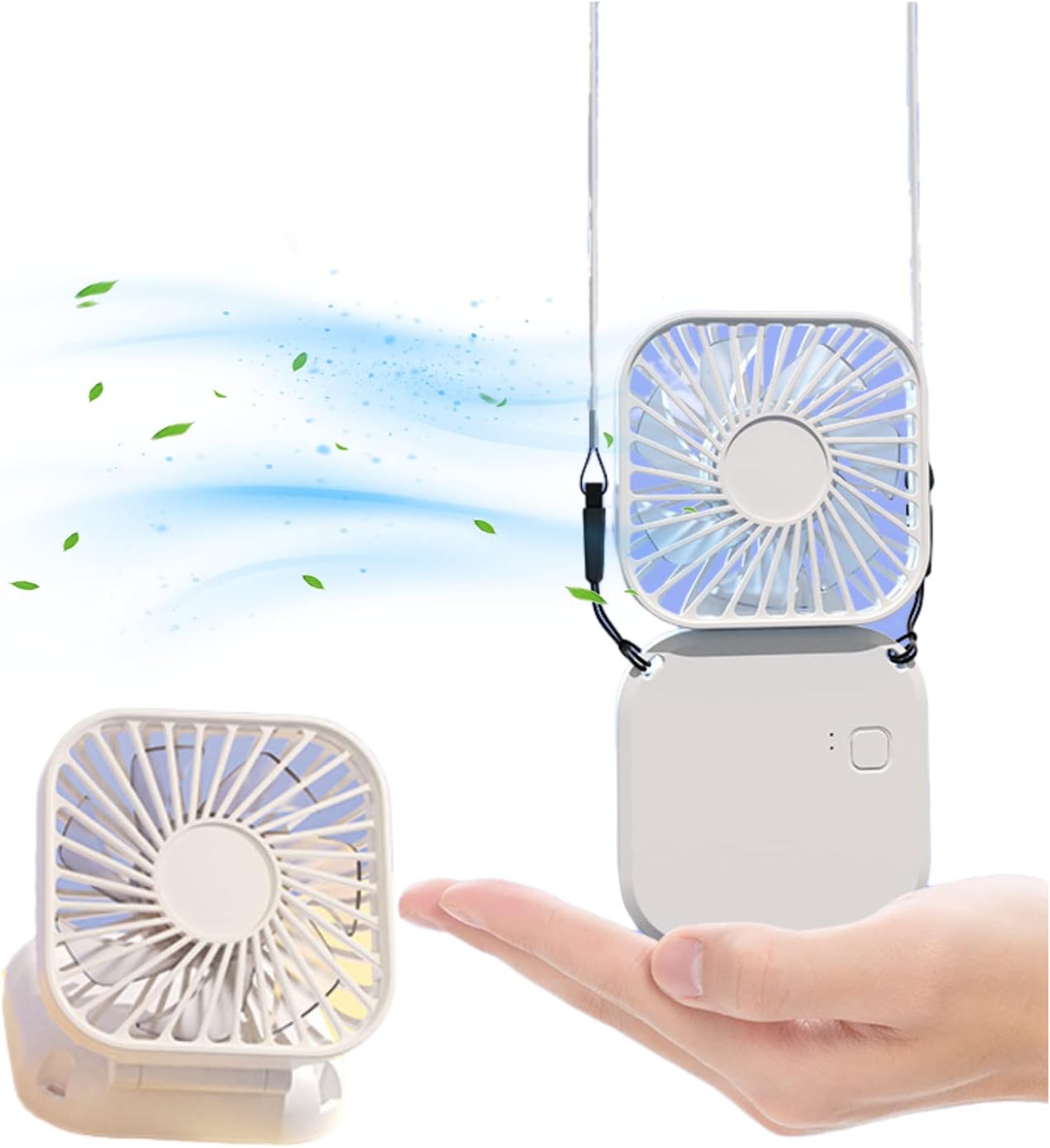Portable Fan Foldable Mini Handheld Hanging Neck Fan with Lanyard USB Rechargeable Hands Free 3 Wind Speed Desk Fan Indoor Outdoor (White)