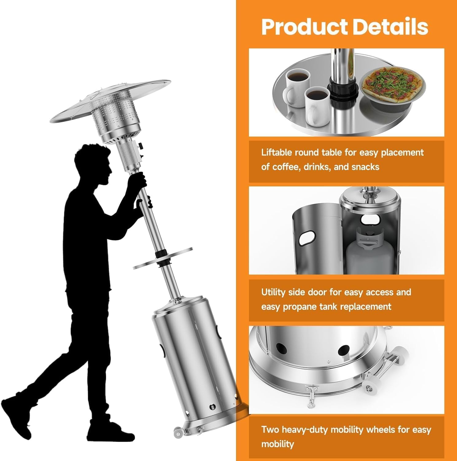 review Umbrella Heater/Light, 48,000 BTU Freestanding Heater with Wheels, Burner Screen GuardSafety Tilt Switch and Safety Tilt Switch for Outdoor Heating on