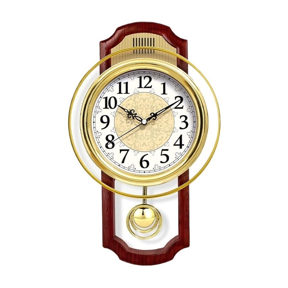 J9V4G6S3B5 Analogue Wall Clock European Retro Swing Wall Clock, Simple and Stylish Living Room Decoration Bedroom Silent Quartz, Gold/brown for Room Decoration(Bruin)