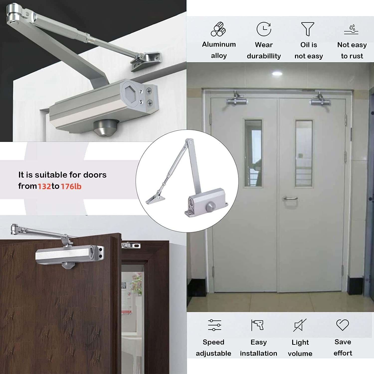 Ferme-porte automatique, fermeture automatique hydraulique, fermeture douce, sans claquement, convient aux portes de 60 à 83,5 kg, 88,9 à 119,4 cm pour un usage domestique et commercial