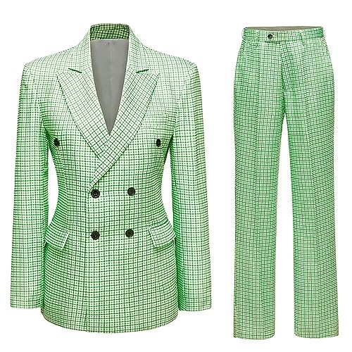 Women's Elegant Business 2 Piece Office Lady Suit Set Plaid Work Blazer Pant Long Sleeve Blazer Jacket and Suit Pants