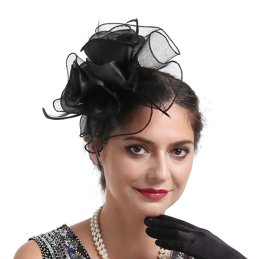 Topoq Women's Black Fascinators Hat Organza Flower Feather Fascinators Wedding Fascinators Tea Party Hat Flapper Pillbox Fascinator Hat Derby Ascot Hat With Headband Hairclips Headdress Headpieces