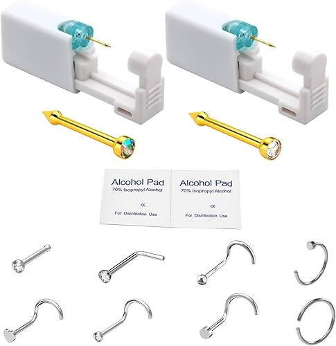 2 pcs Disposable nose piercing kits, at home nose piercing kit, nose ring gun Golden nose stud 8 nose studs and rings are included