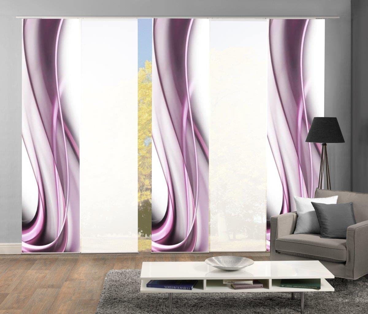 Home Fashion 95348, 5er-Set Schiebegardinen ONDA Blickdicht & transparenter, 245x60 cm (Beere)