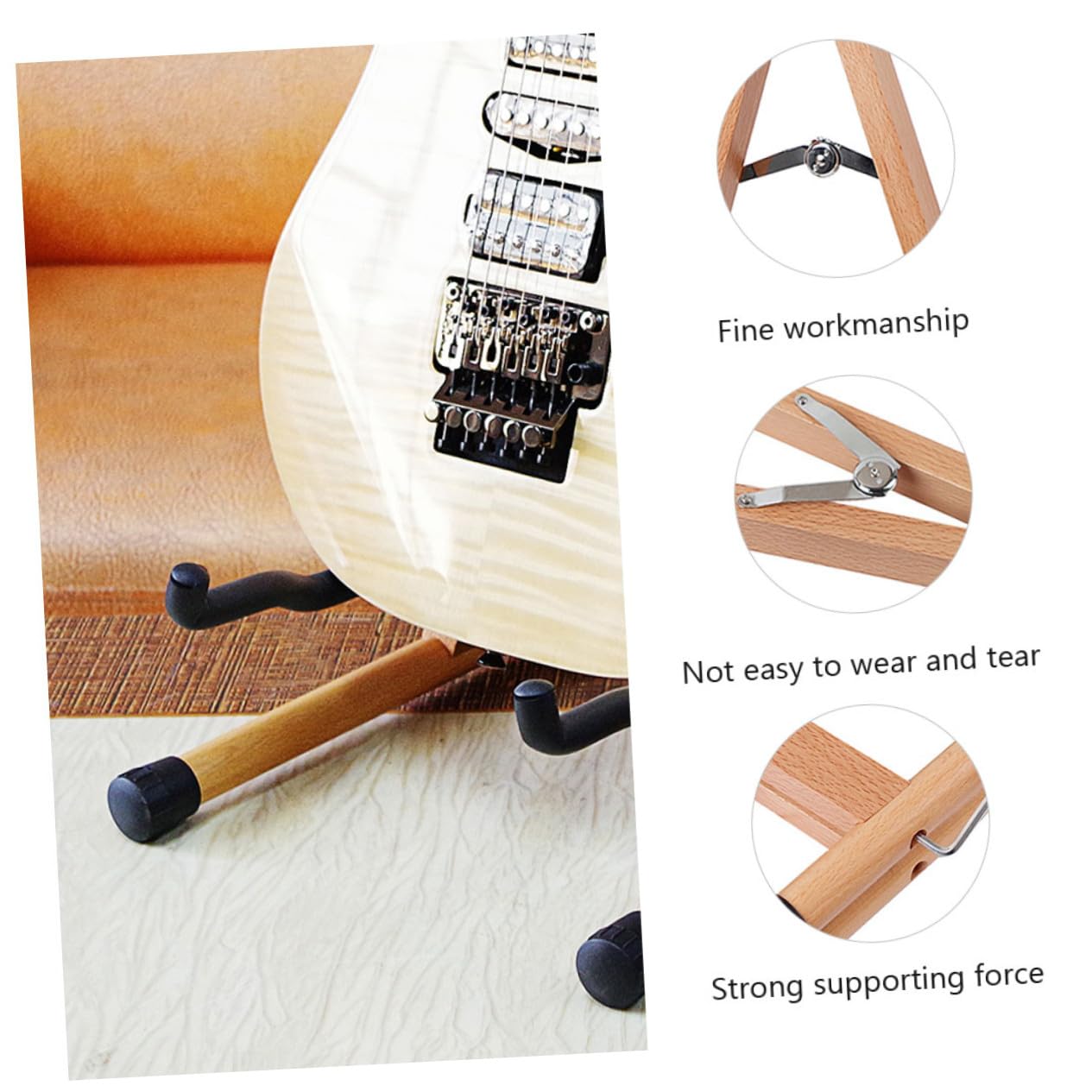 Supporto Chitarra Pieghevole in Legno Robusto con Base Antiscivolo e Protezione Antigraffio Compatto e Leggero per Chitarra Acustica Elettrica e Basso da Pavimento Viaggio