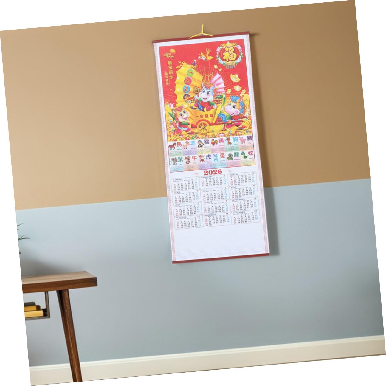 6 Pezzi Calendario da Parete in Finto Rattan 2026 Anno del Cavallo, Planner Lunare Sospeso Decorativo per Casa e Ufficio, Set 2 Pezzi Rotolo Tradizionale Cinese
