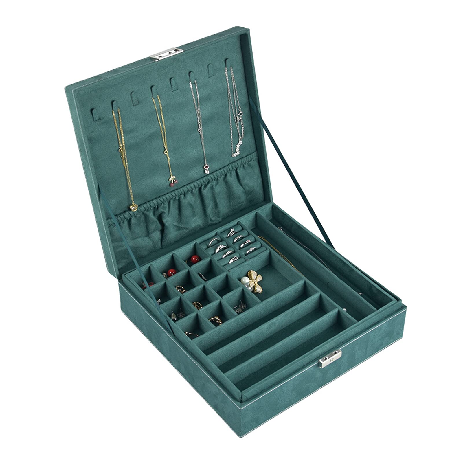 Organizzatore di Gioielli Scatola portagioielli a Doppio Strato Custodia per Esposizione in Flanella da Donna Grande portagioielli Verde per orecchino Anello Collana Bracciale Portagioie