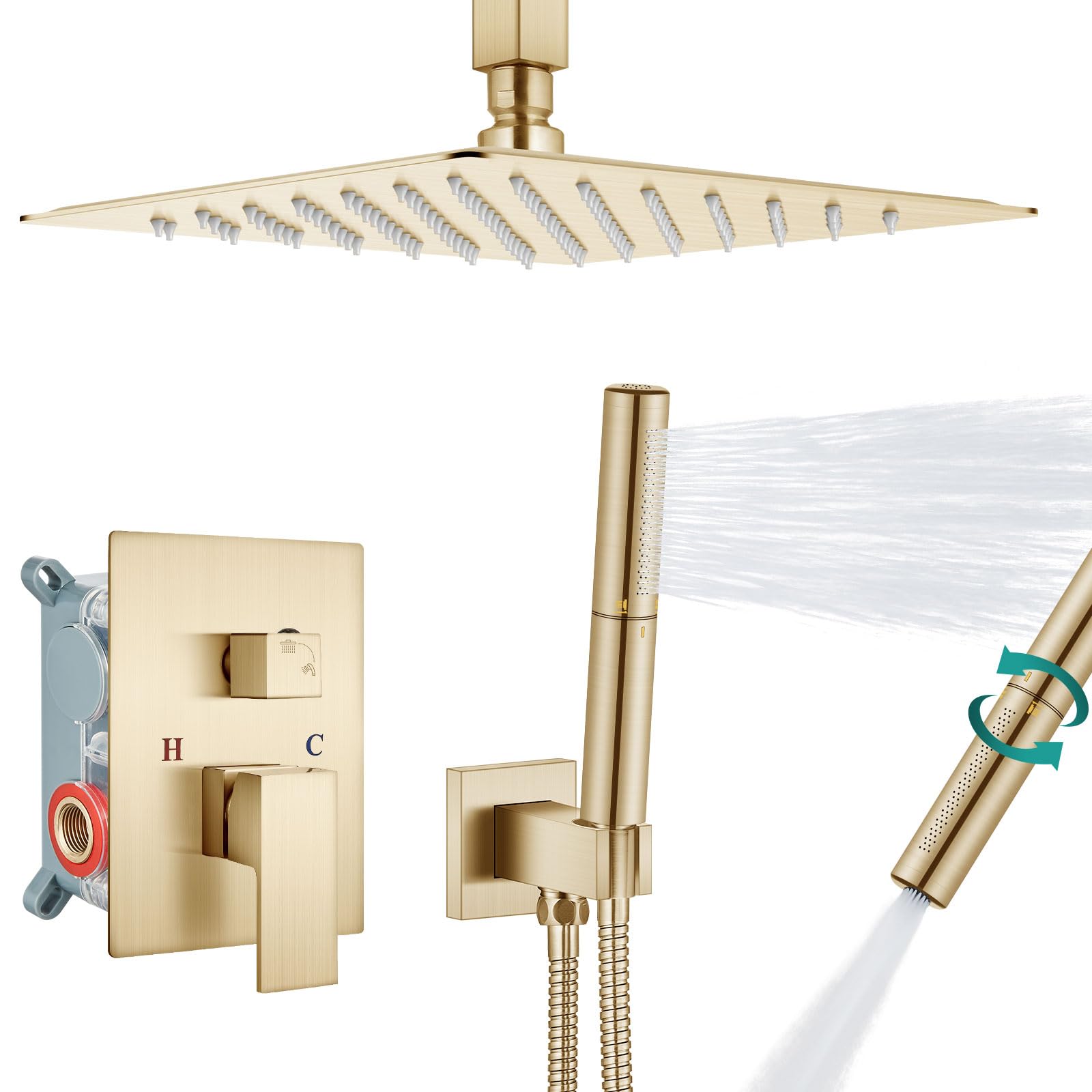 Ensemble de douche plafond doré brossé avec pommeau de douche effet pluie encastrable